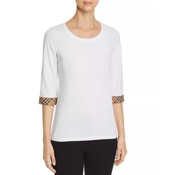 BURBERRY BRIT Lohit Three-Quarter Sleeve Classic Check-Cuff White Shirt Sz M - Picture 1 of 10